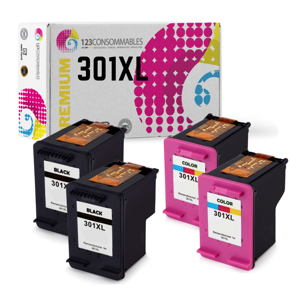 MaxiPack 4 cartouches compatible avec HP 301 XL (2 noirs + 2 couleurs)